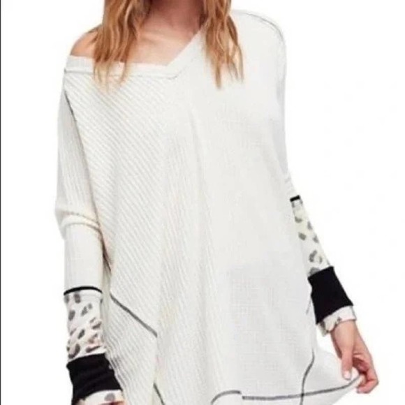 WE The Free People Oversized Waffle Knit Shirt Animal Print Ivory Size XS - Picture 2 of 12